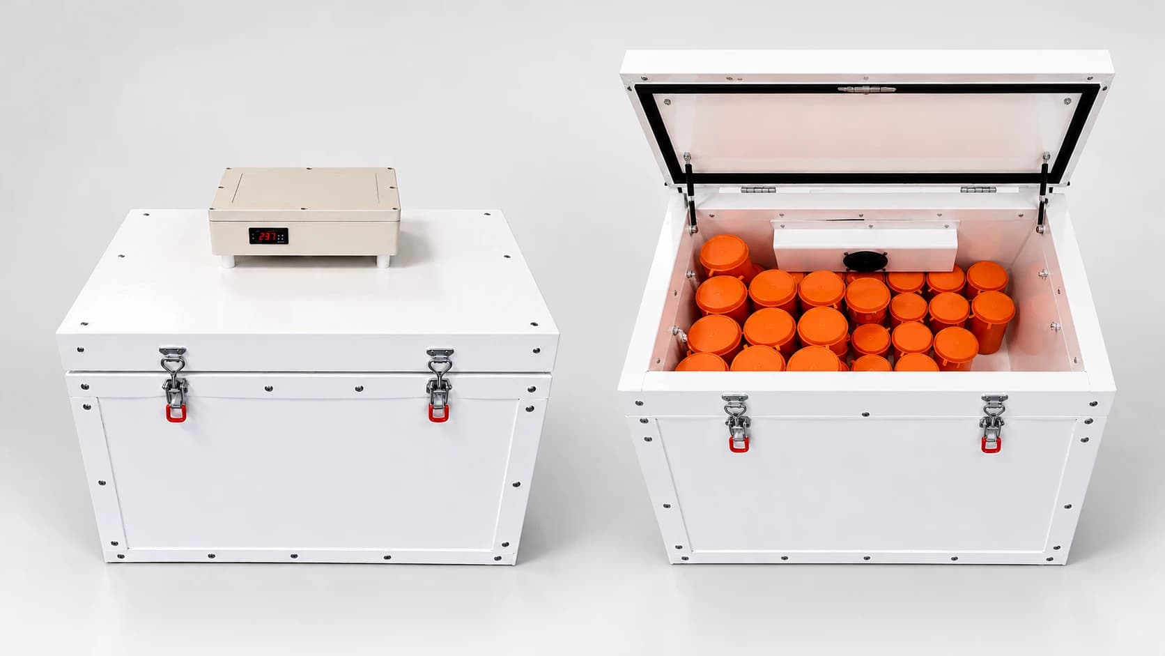 Closed and open concrete curing boxes with specimen containers
