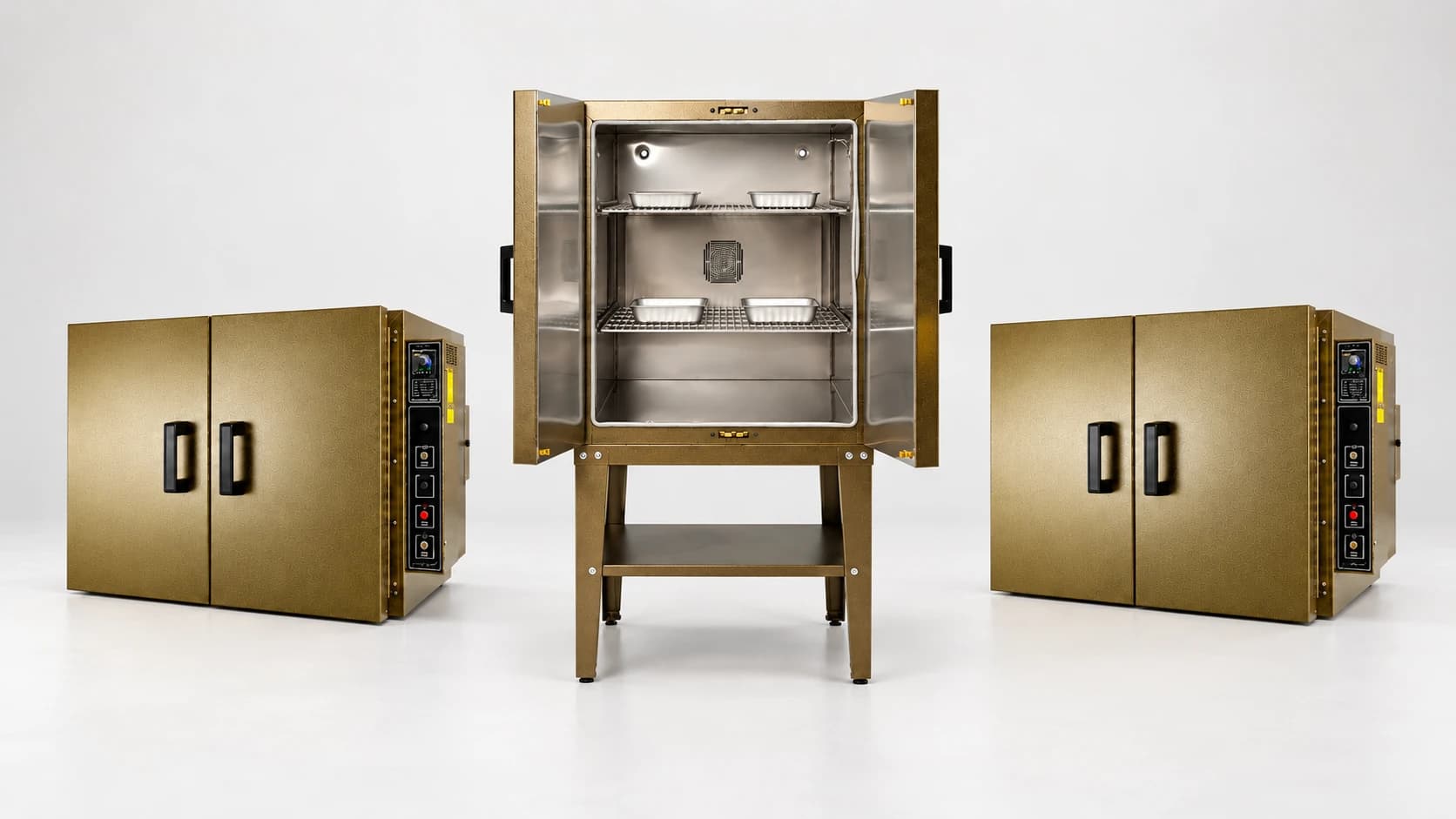 Laboratory ovens with closed and open doors showing interior shelves